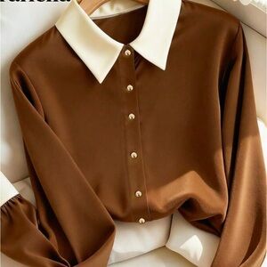 Brown Satin Blouse with White Accents